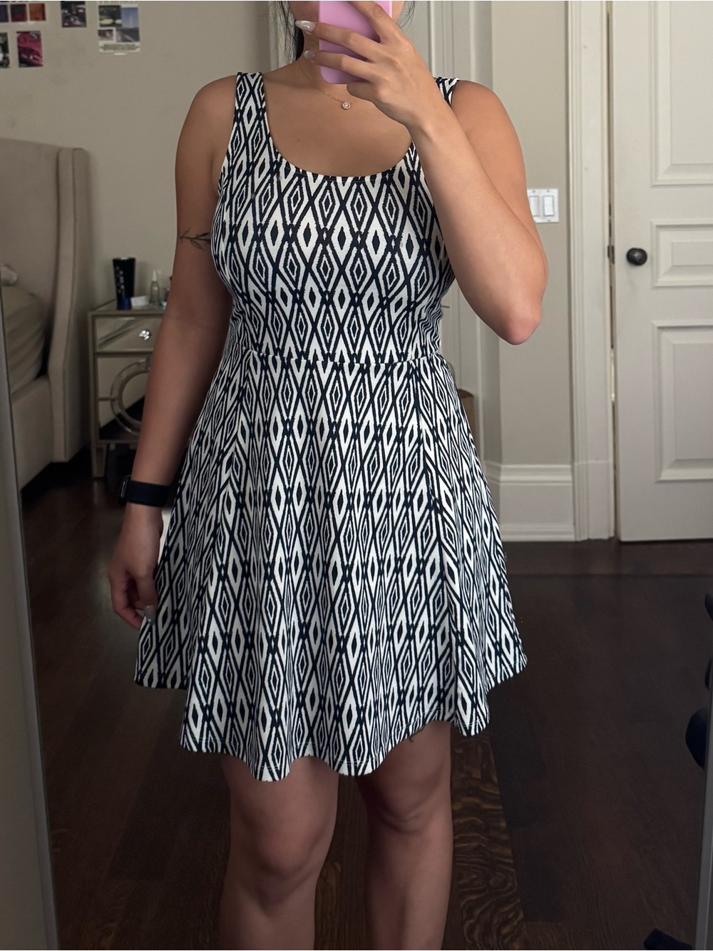 H&M Divided Dark Blue & White Geometric Fit-and-Flare Dress Size 8